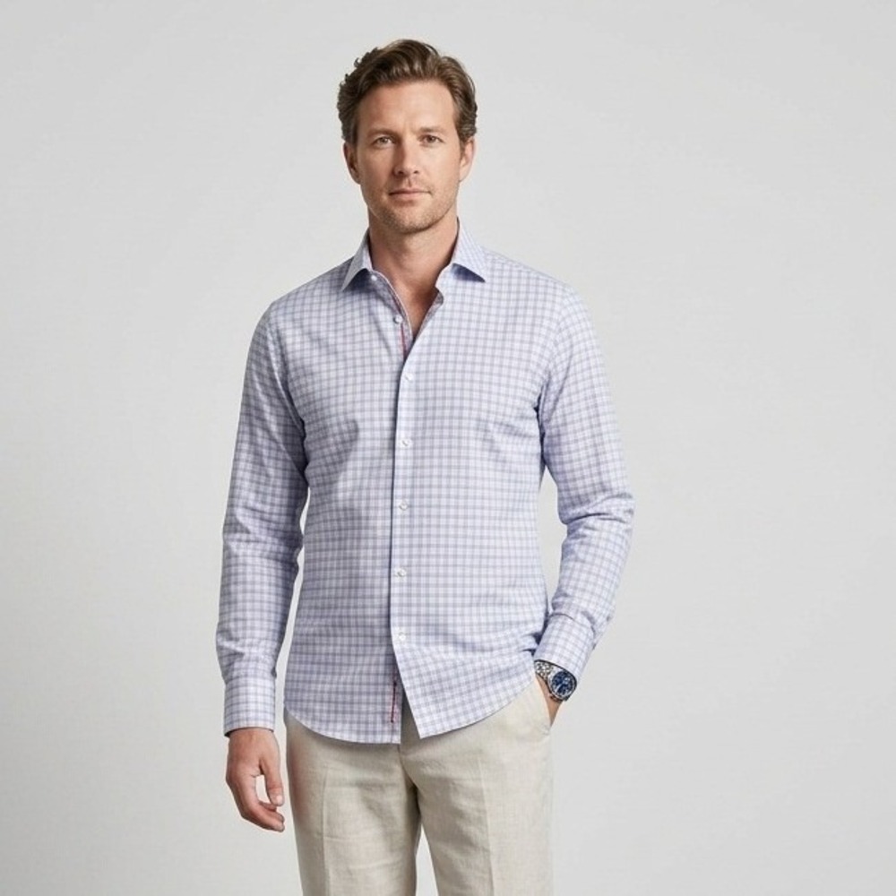 Twillory Performance Dress Shirt Mens 15 34-35 Trim Fit Blue Gingham‎ Check